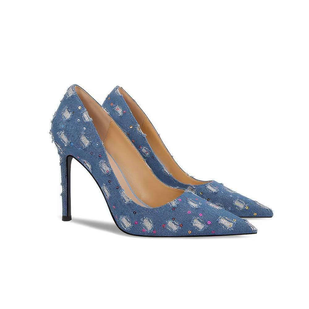 Pointy Toes Crystal Embellished Denim Sequin Stiletto Heels EU 33 / Blue / 6CM
