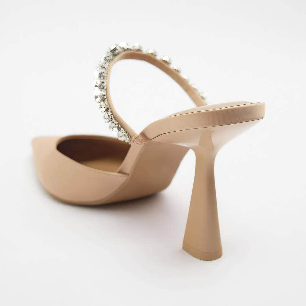 Pointy Toes Crystal Strap Open Back Heels