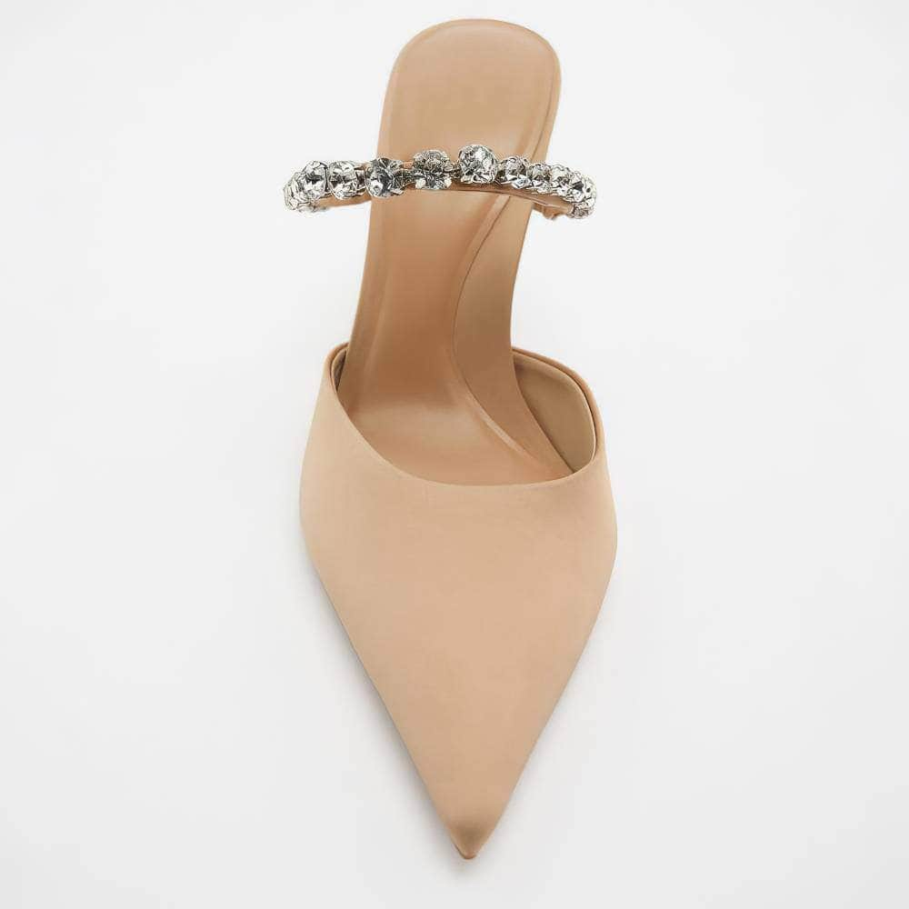 Pointy Toes Crystal Strap Open Back Heels