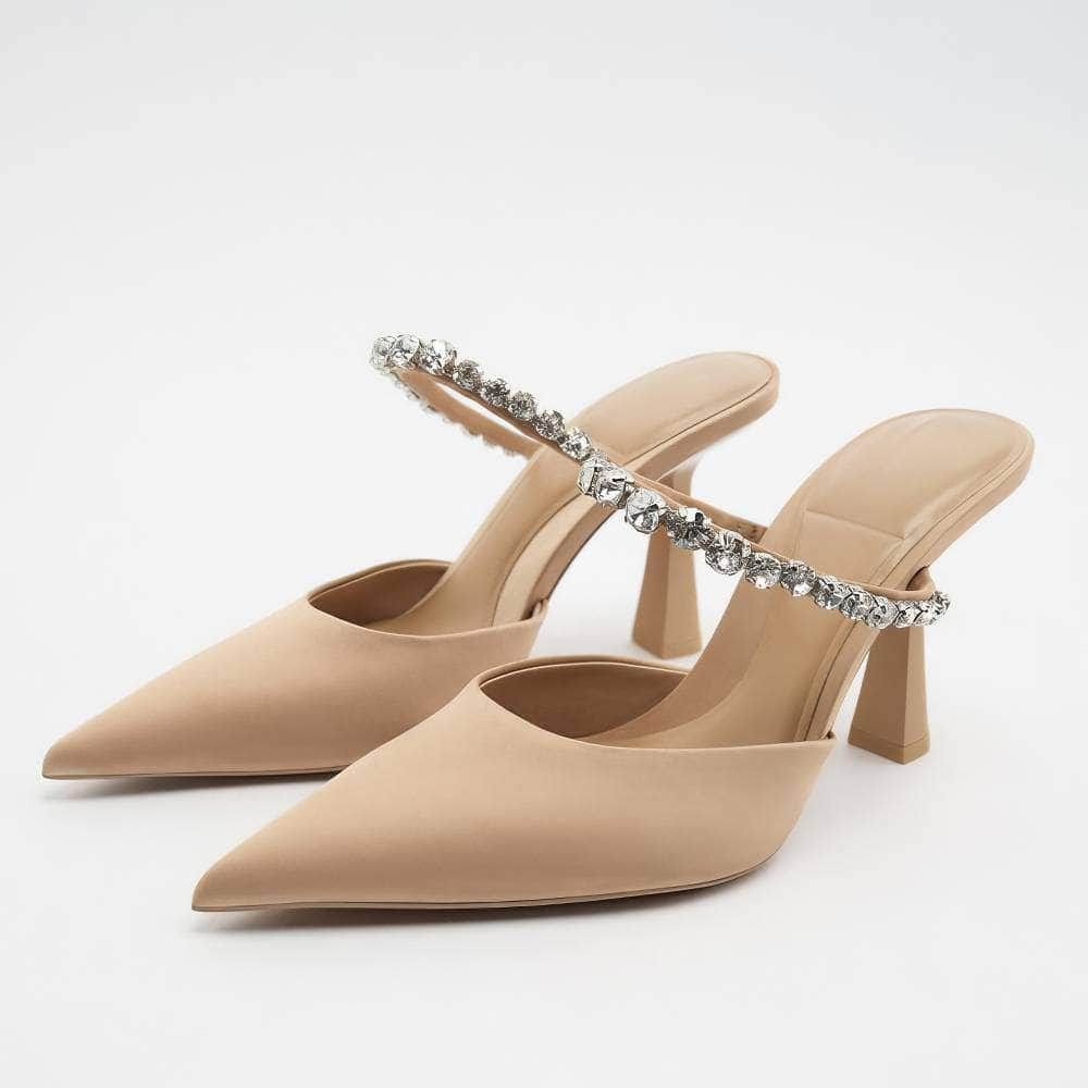 Pointy Toes Crystal Strap Open Back Heels EU 34 / PeachPuff / 7.5CM