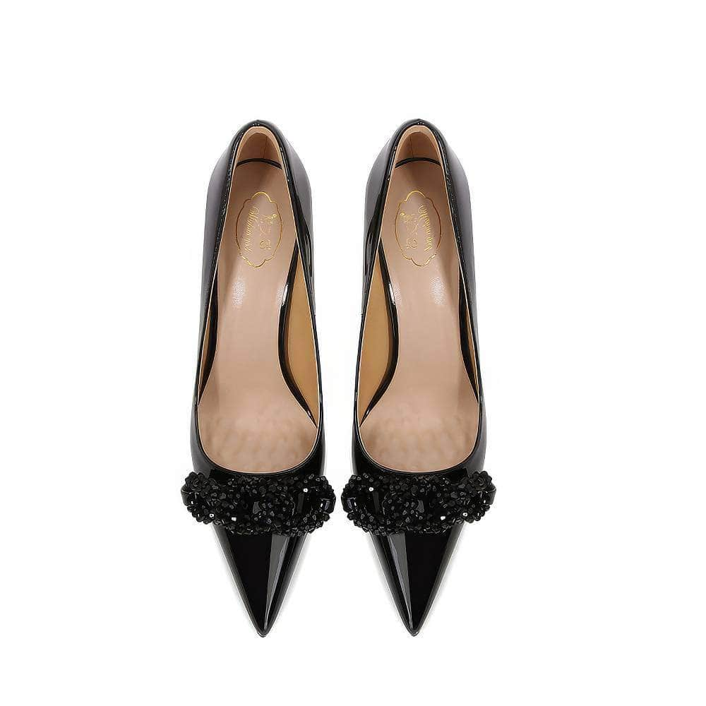 Pointy Toes Patent Leather Bead Decorated Heels