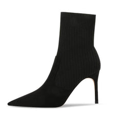 Pointy Toes Rib Knitted Velvet Ankle Boots