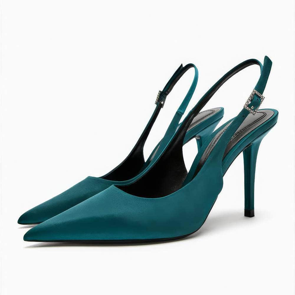 Pointy Toes Slingback Satin Pump Heels EU 34 / Teal / 8.5CM