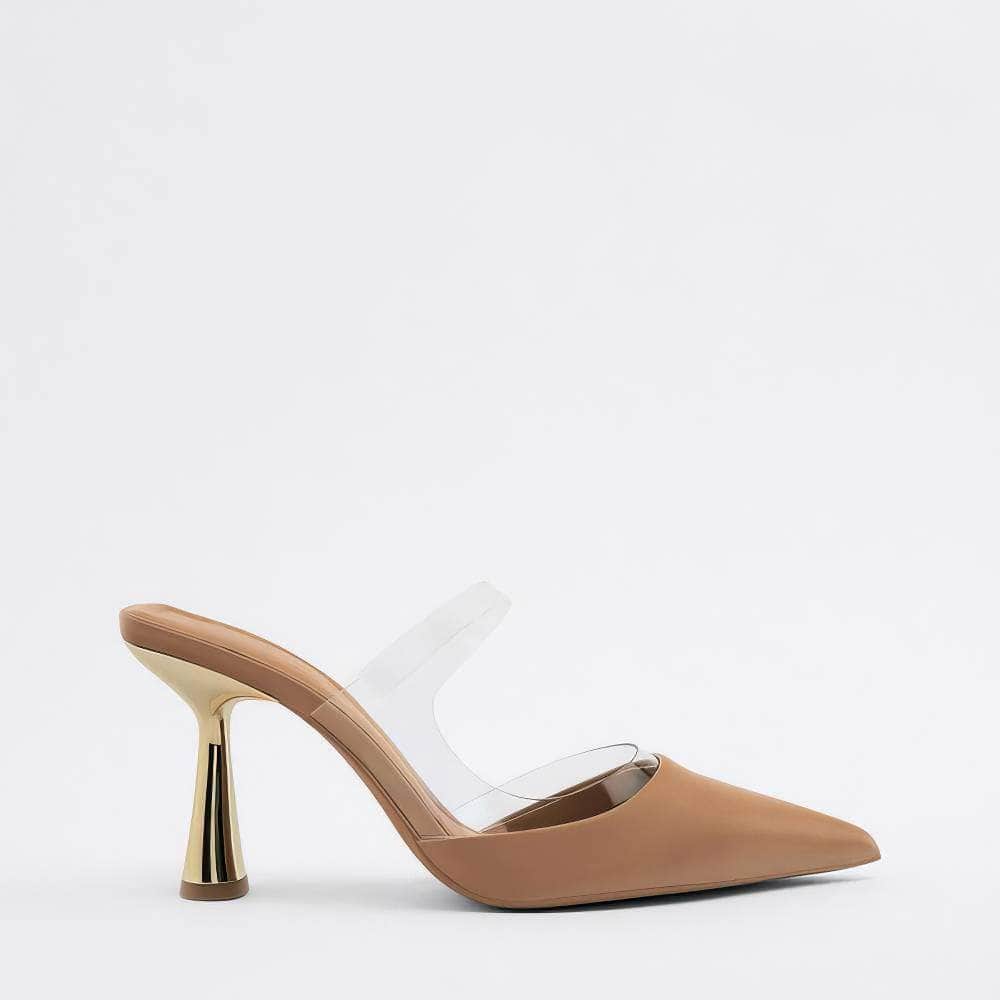Pointy Toes Transparent Straps Gold Embellished Heels