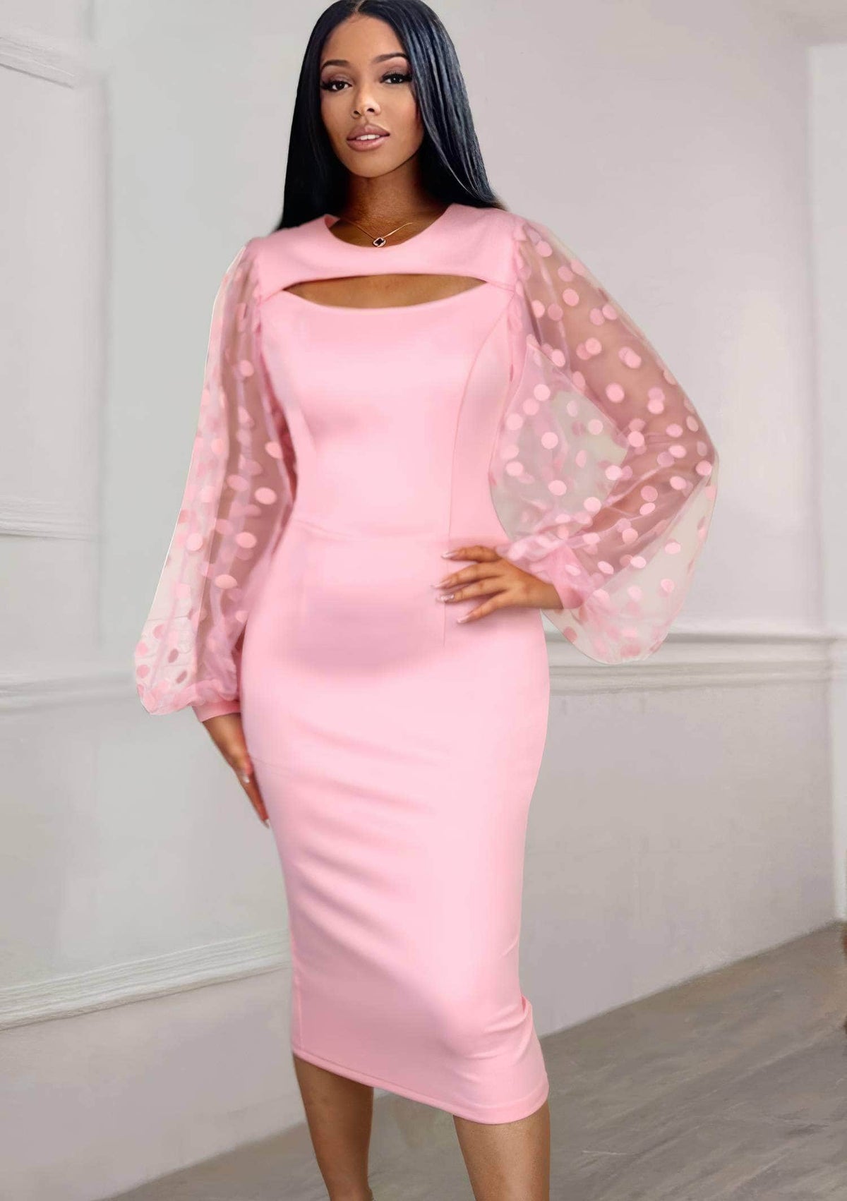 Polka Dot Lantern Mesh Sleeves Midi Dress US 4-6 / Pink