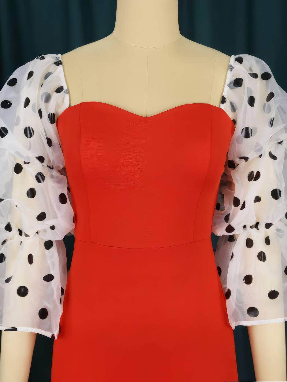 Polka Dot Lantern Ruffle Sleeves Bodycon Dress