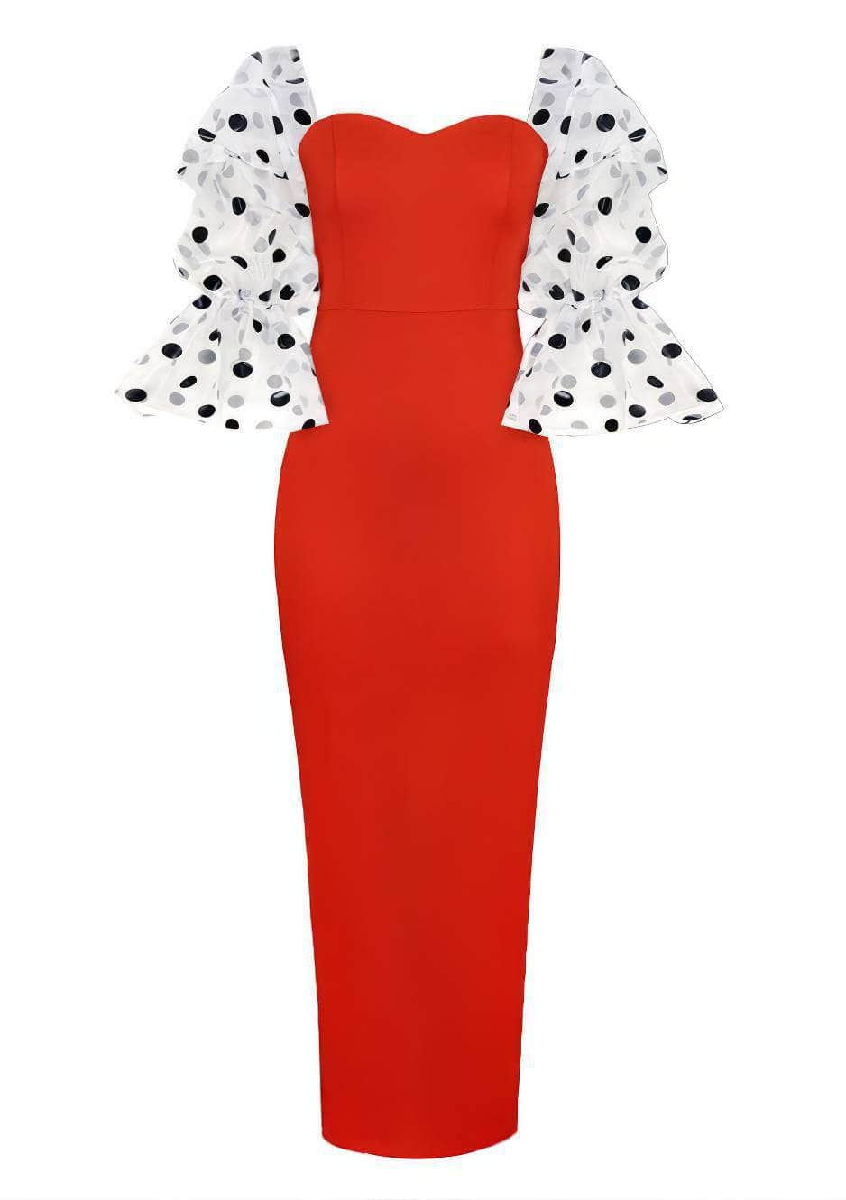 Polka Dot Lantern Ruffle Sleeves Bodycon Dress