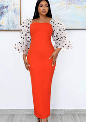 Polka Dot Lantern Ruffle Sleeves Bodycon Dress