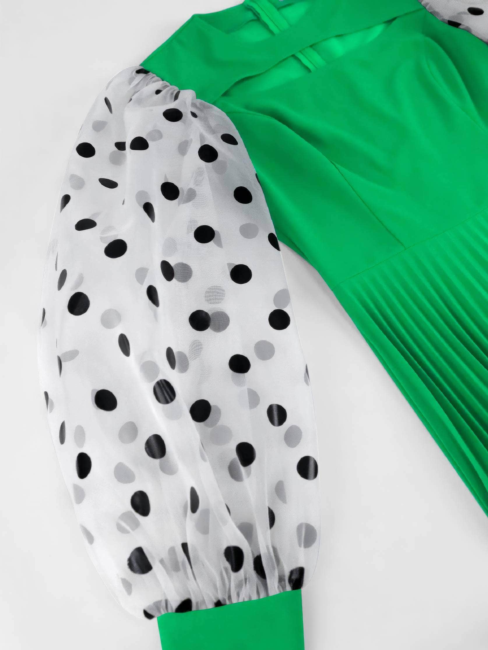 Polka Dot Lantern Sleeves Cut Out Pleated Dress