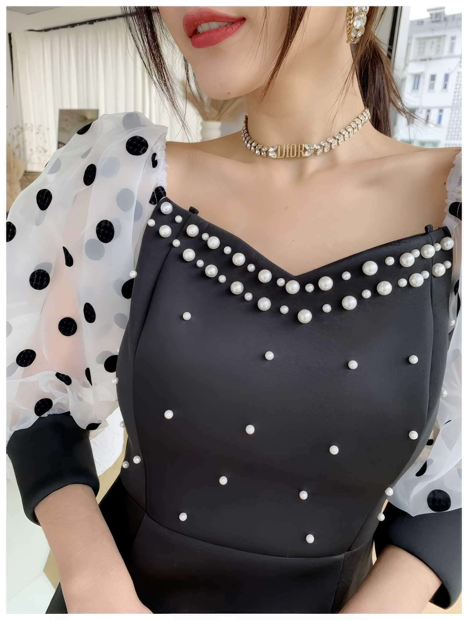 Polka Dot Mesh Lantern Sleeve Pearl Beaded Dress