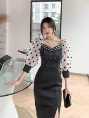 Polka Dot Mesh Lantern Sleeve Pearl Beaded Dress S / Black