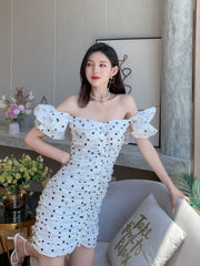 Polka Dot Off-Shoulder Frill Sleeves Mini Dress