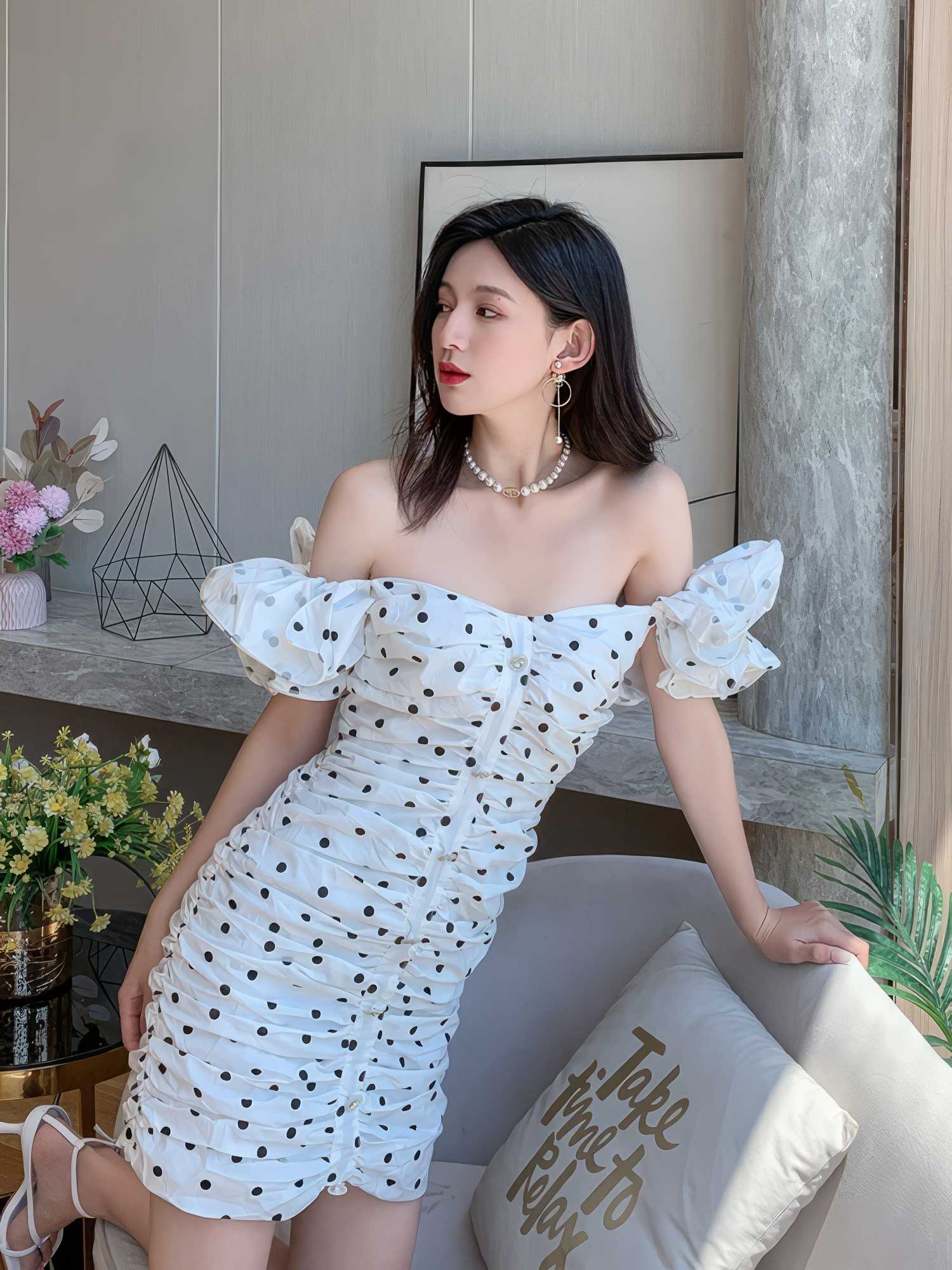 Polka Dot Off-Shoulder Frill Sleeves Mini Dress