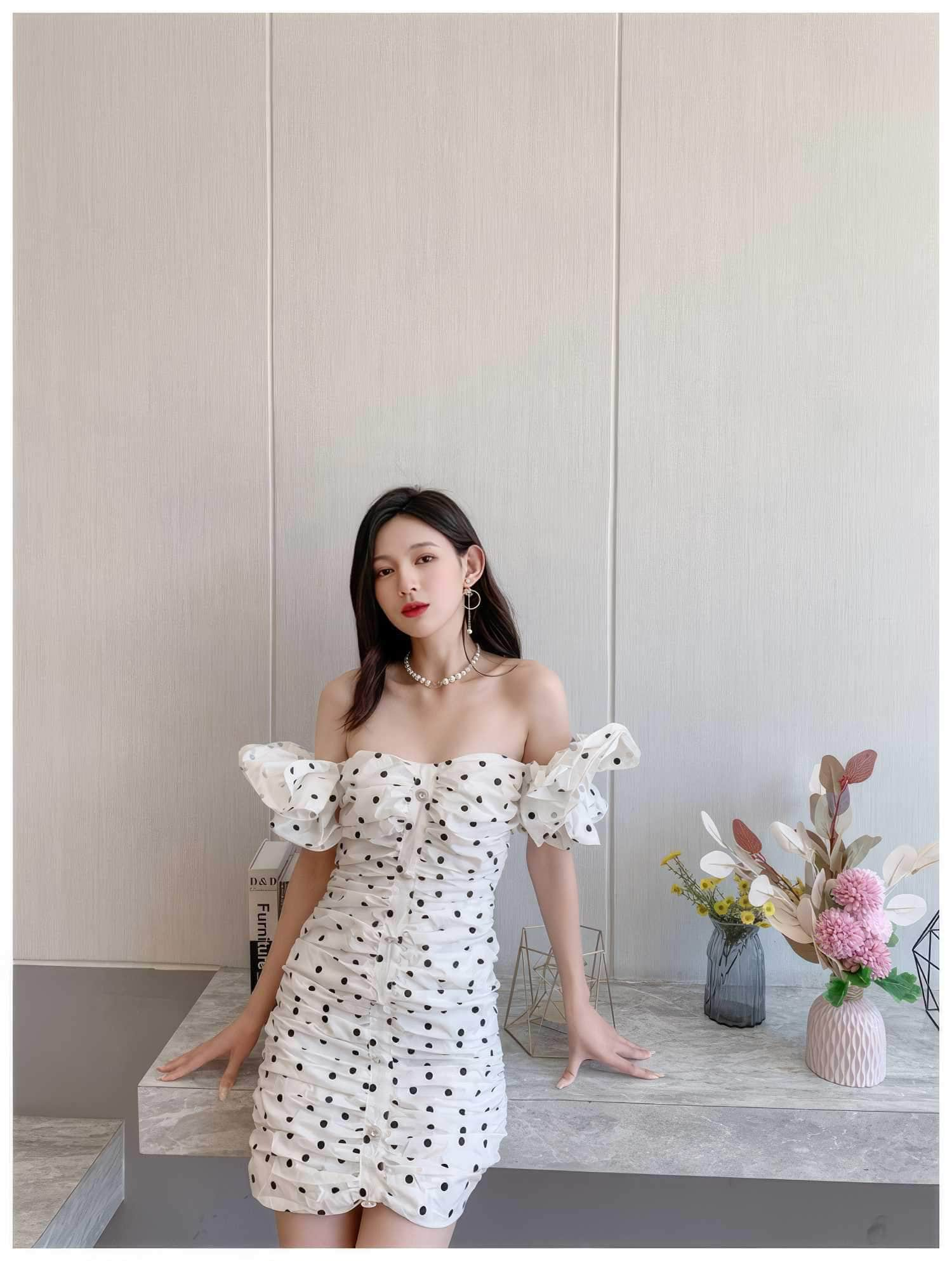 Polka Dot Off-Shoulder Frill Sleeves Mini Dress