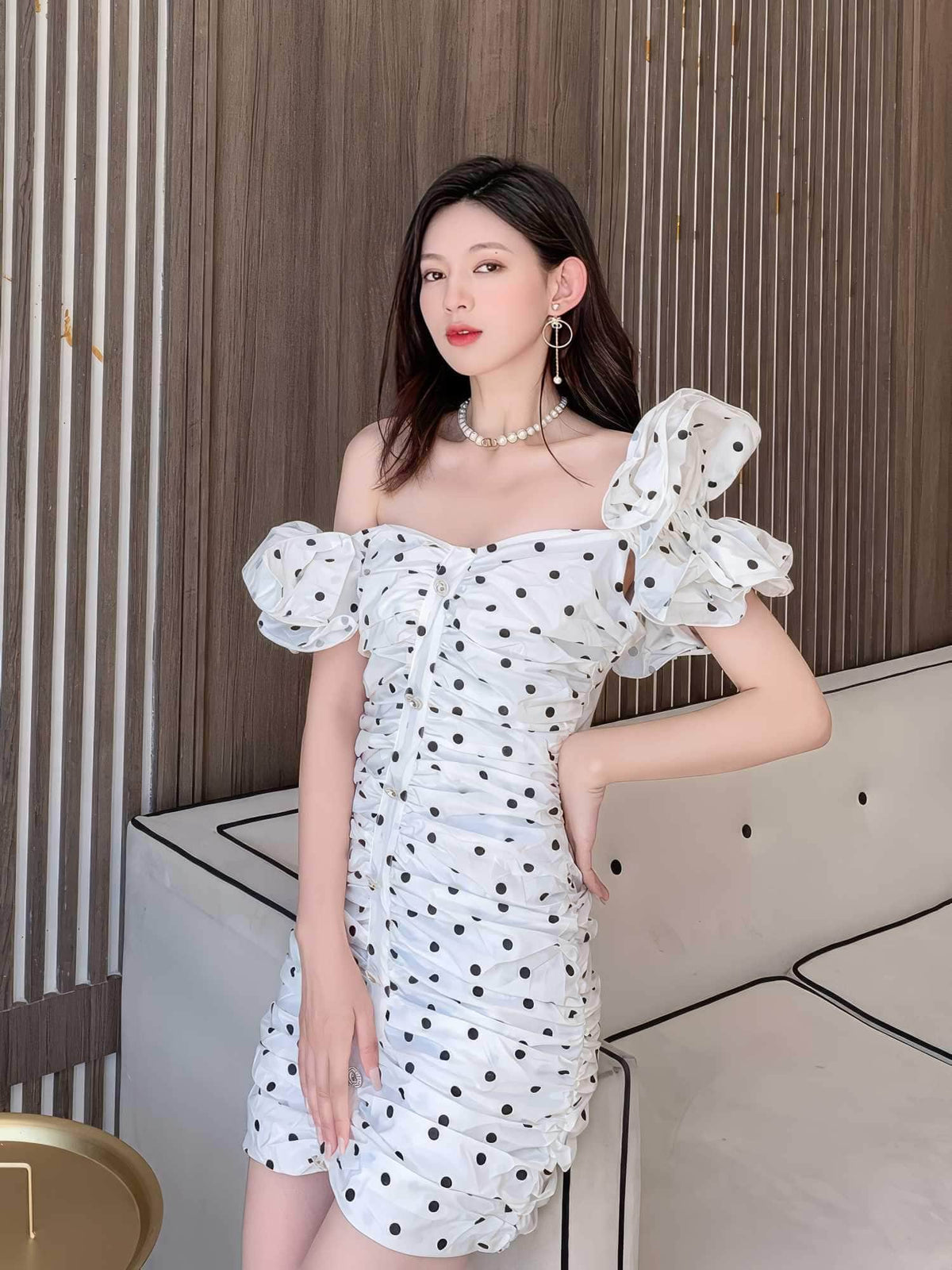 Polka Dot Off-Shoulder Frill Sleeves Mini Dress S / White