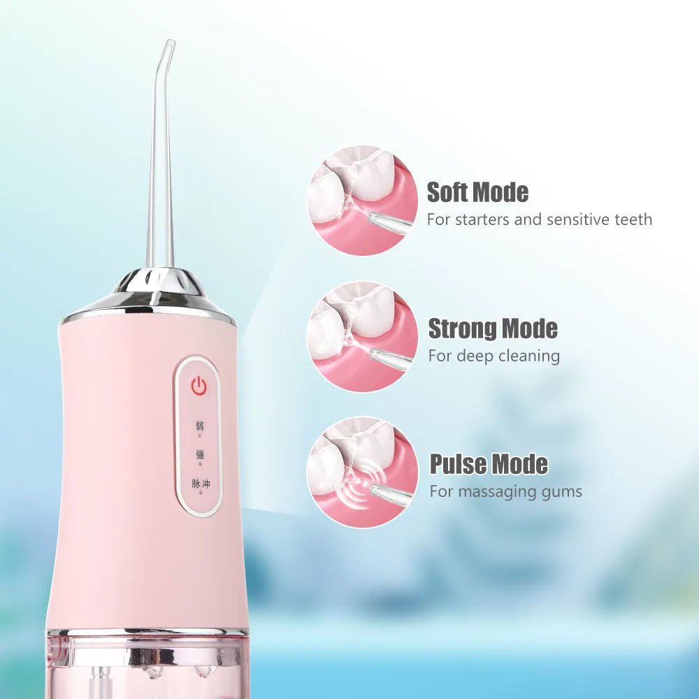 Portable Oral Irrigator - USB Rechargeable Water Flosser with 4 Jet Tips, 220ml Capacity, 3 Modes, IPX7 Waterproof, 1400rpm