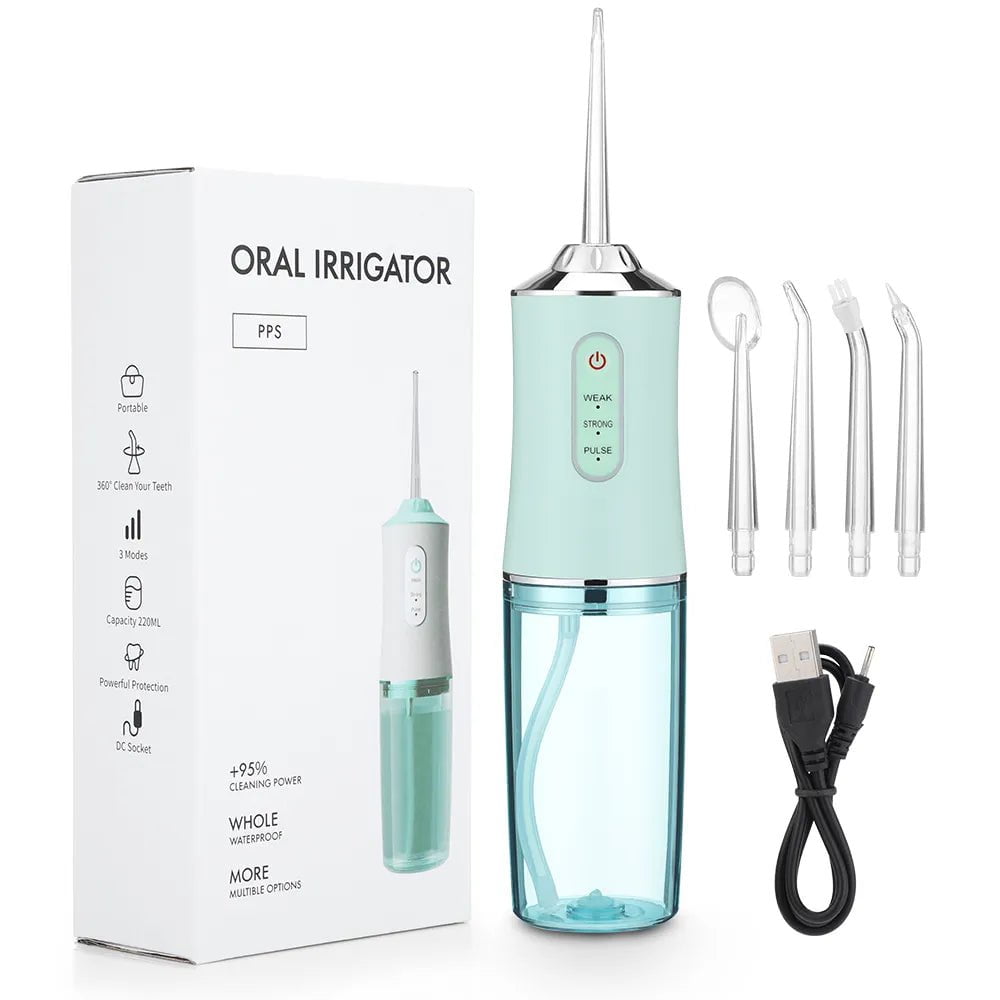 Portable Oral Irrigator - USB Rechargeable Water Flosser with 4 Jet Tips, 220ml Capacity, 3 Modes, IPX7 Waterproof, 1400rpm Green