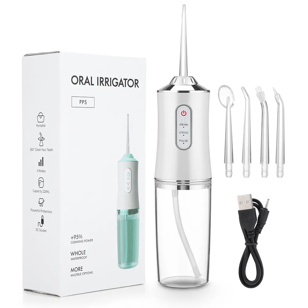 Portable Oral Irrigator - USB Rechargeable Water Flosser with 4 Jet Tips, 220ml Capacity, 3 Modes, IPX7 Waterproof, 1400rpm White