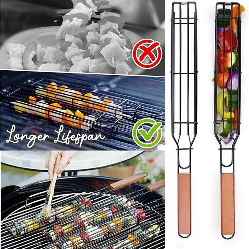 Portable Stainless Steel BBQ Grilling Basket - Nonstick Barbecue Grill Basket with Wooden Handle, Ideal for Meat, Picnic, and Roasting