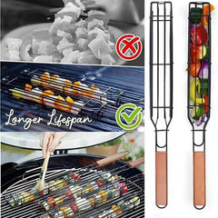Portable Stainless Steel BBQ Grilling Basket - Nonstick Barbecue Grill Basket with Wooden Handle, Ideal for Meat, Picnic, and Roasting