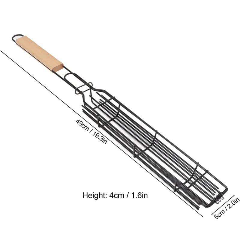 Portable Stainless Steel BBQ Grilling Basket - Nonstick Barbecue Grill Basket with Wooden Handle, Ideal for Meat, Picnic, and Roasting