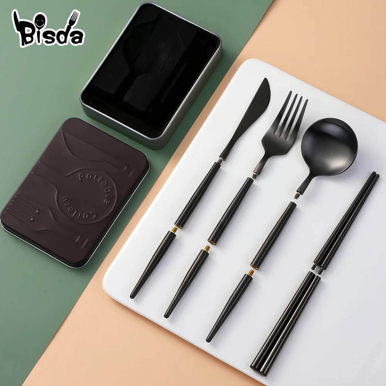 Portable Stainless Steel Cutlery Set - Creative, Assemblable Flatware with Box for Canteen Dinner, Includes Knife, Fork, Spoon, Chopsticks