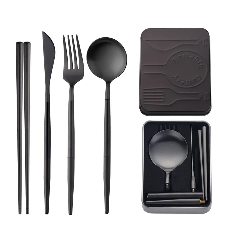 Portable Stainless Steel Cutlery Set - Creative, Assemblable Flatware with Box for Canteen Dinner, Includes Knife, Fork, Spoon, Chopsticks Black