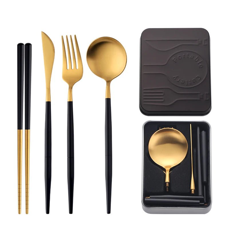 Portable Stainless Steel Cutlery Set - Creative, Assemblable Flatware with Box for Canteen Dinner, Includes Knife, Fork, Spoon, Chopsticks Black-Gold