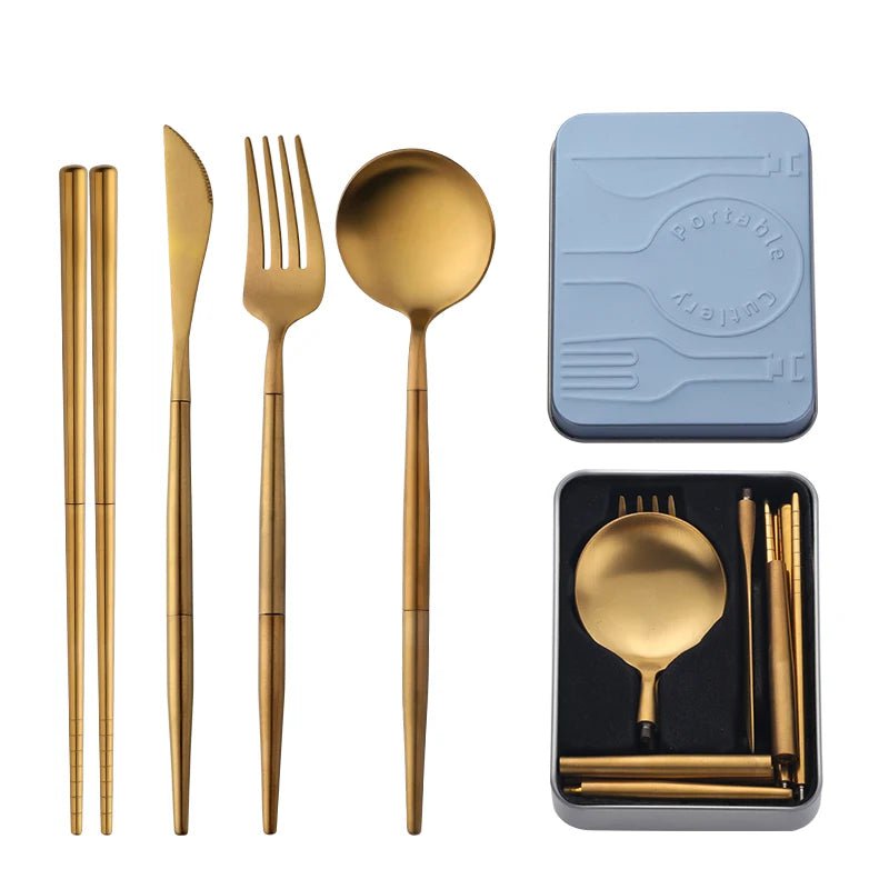 Portable Stainless Steel Cutlery Set - Creative, Assemblable Flatware with Box for Canteen Dinner, Includes Knife, Fork, Spoon, Chopsticks Gold