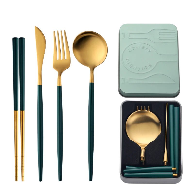 Portable Stainless Steel Cutlery Set - Creative, Assemblable Flatware with Box for Canteen Dinner, Includes Knife, Fork, Spoon, Chopsticks Green-Gold