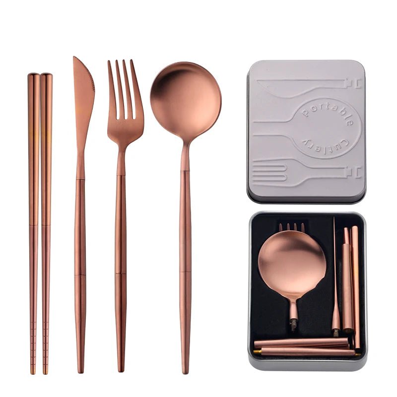 Portable Stainless Steel Cutlery Set - Creative, Assemblable Flatware with Box for Canteen Dinner, Includes Knife, Fork, Spoon, Chopsticks Rose gold
