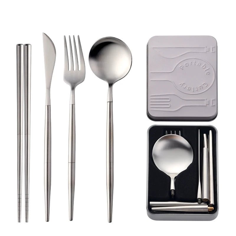 Portable Stainless Steel Cutlery Set - Creative, Assemblable Flatware with Box for Canteen Dinner, Includes Knife, Fork, Spoon, Chopsticks Silver