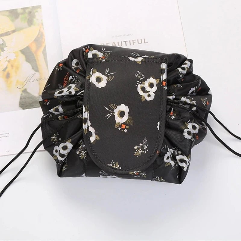 Portable Waterproof Women's Drawstring Cosmetic Bag & Makeup Organizer Black Flower