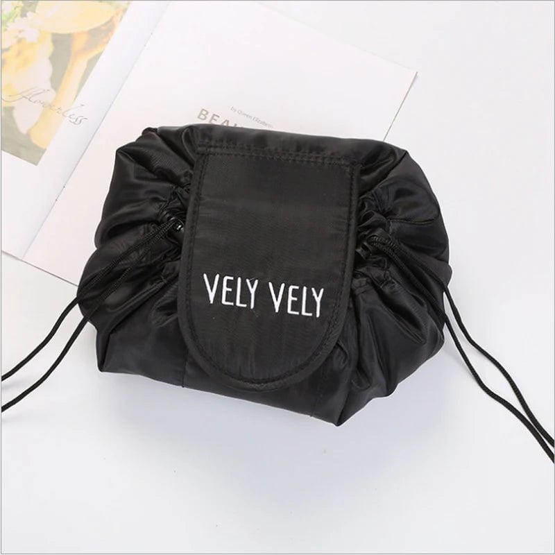 Portable Waterproof Women's Drawstring Cosmetic Bag & Makeup Organizer Black V Logo