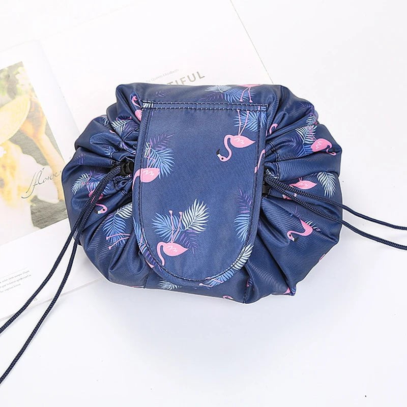 Portable Waterproof Women's Drawstring Cosmetic Bag & Makeup Organizer Blue Flamingo