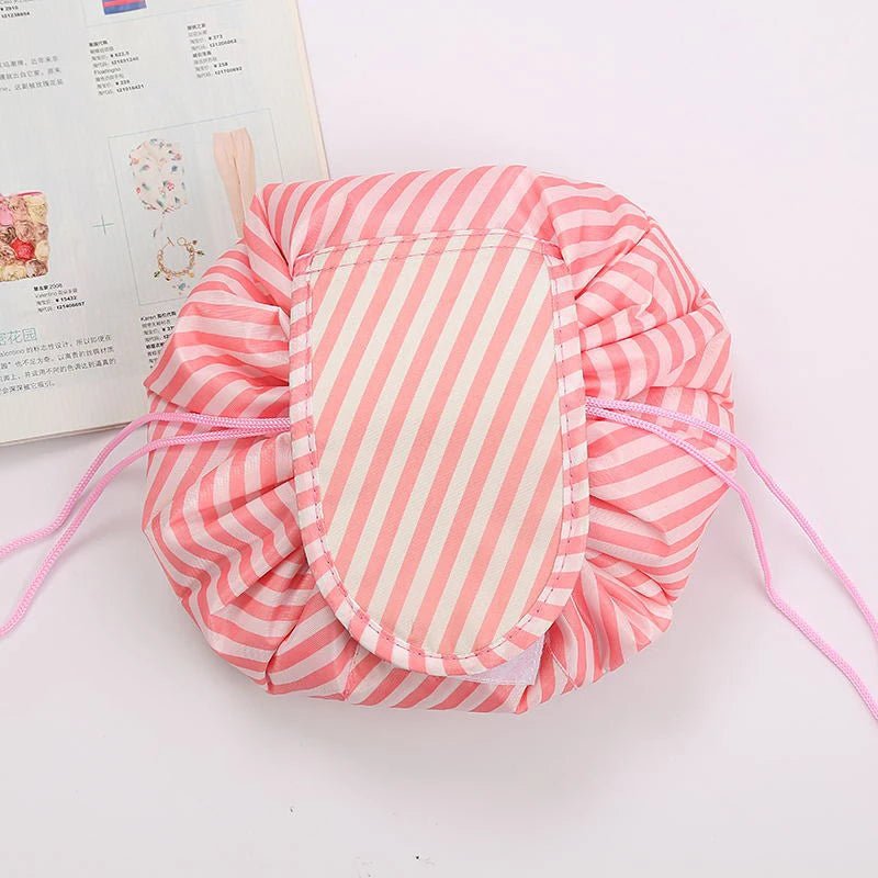 Portable Waterproof Women's Drawstring Cosmetic Bag & Makeup Organizer Pink Stripe