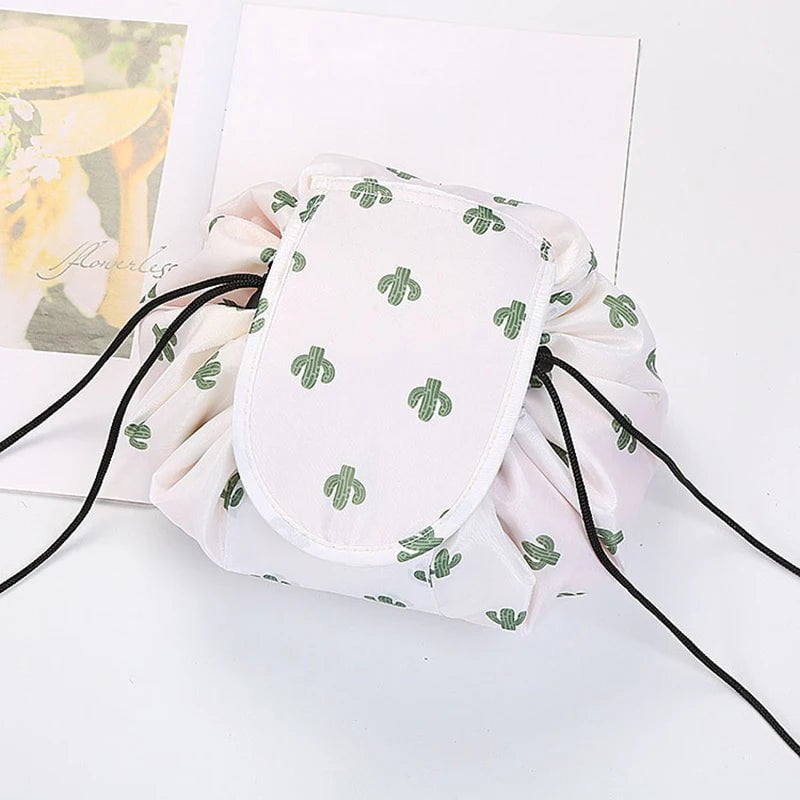 Portable Waterproof Women's Drawstring Cosmetic Bag & Makeup Organizer White cactus