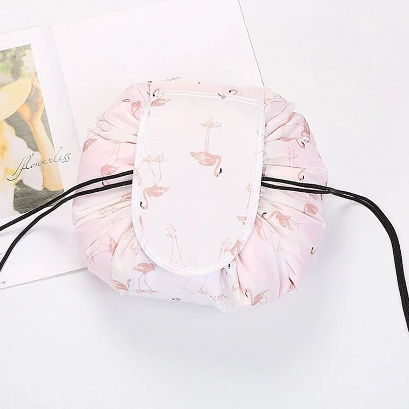 Portable Waterproof Women's Drawstring Cosmetic Bag & Makeup Organizer White Flamingo