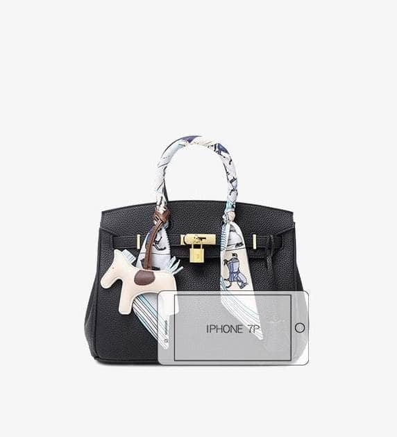 Premium PU Leather Handbag with Twilly Bag Charm Black / Small