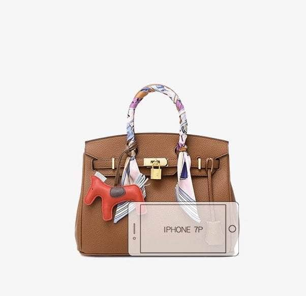 Premium PU Leather Handbag with Twilly Bag Charm Brown / Small