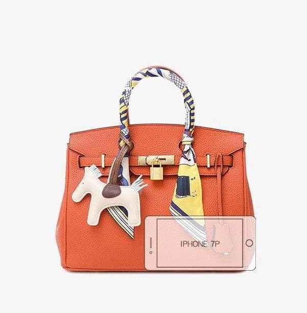 Premium PU Leather Handbag with Twilly Bag Charm Orange / Large