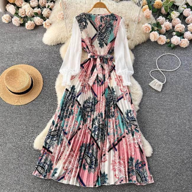 Print Panel Pleated A-line Maxi Dress