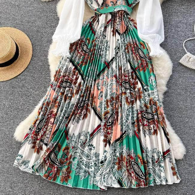 Print Panel Pleated A-line Maxi Dress