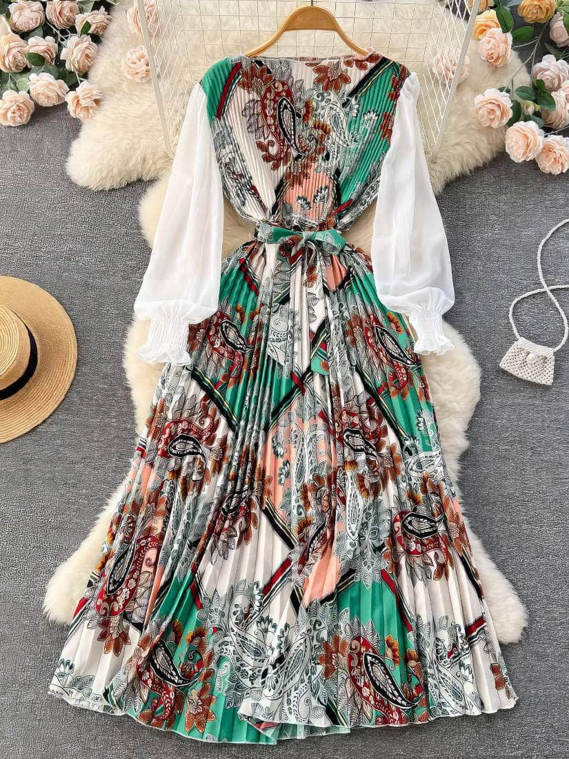 Print Panel Pleated A-line Maxi Dress MAX SIZE / Green