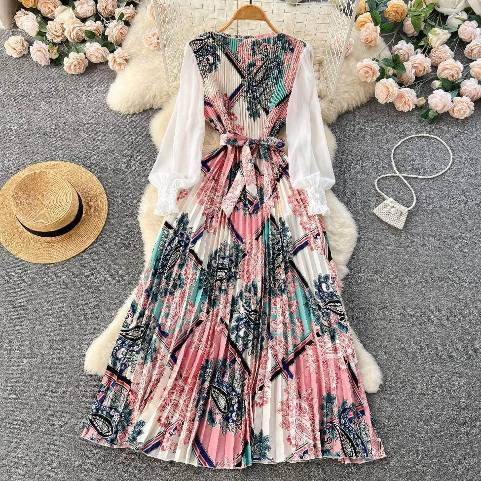 Print Panel Pleated A-line Maxi Dress MAX SIZE / Pink