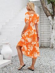 Printed Asymmetric Neck Short Sleeve Midi Dress