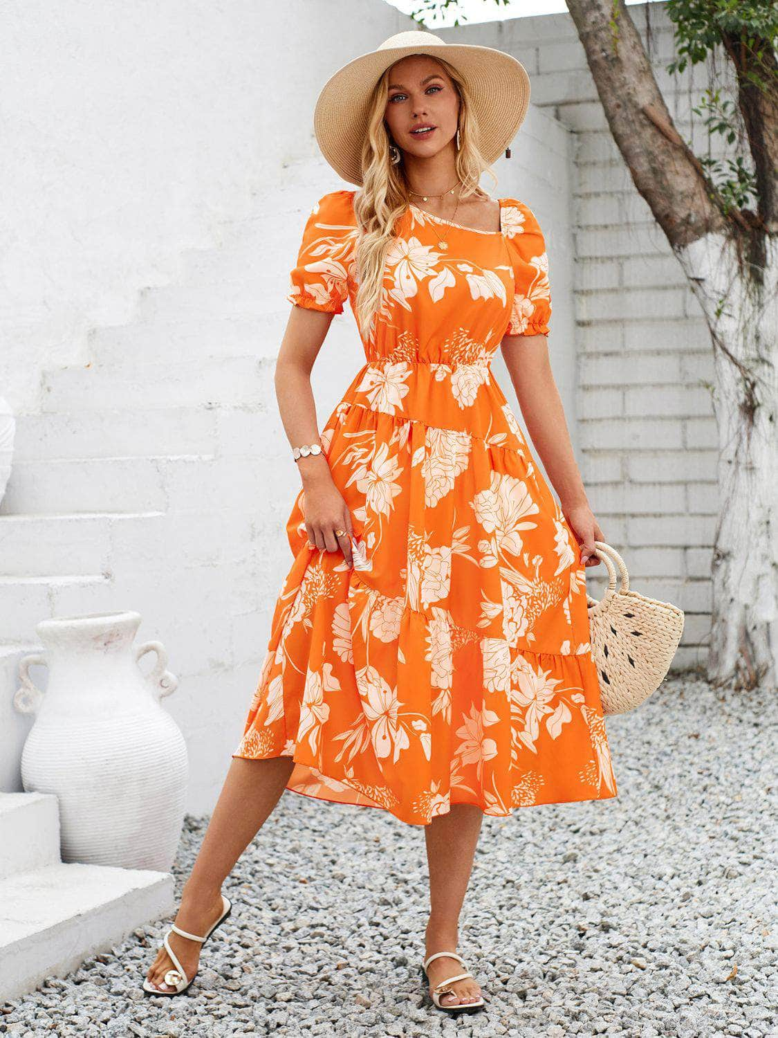 Printed Asymmetric Neck Short Sleeve Midi Dress Orange / S