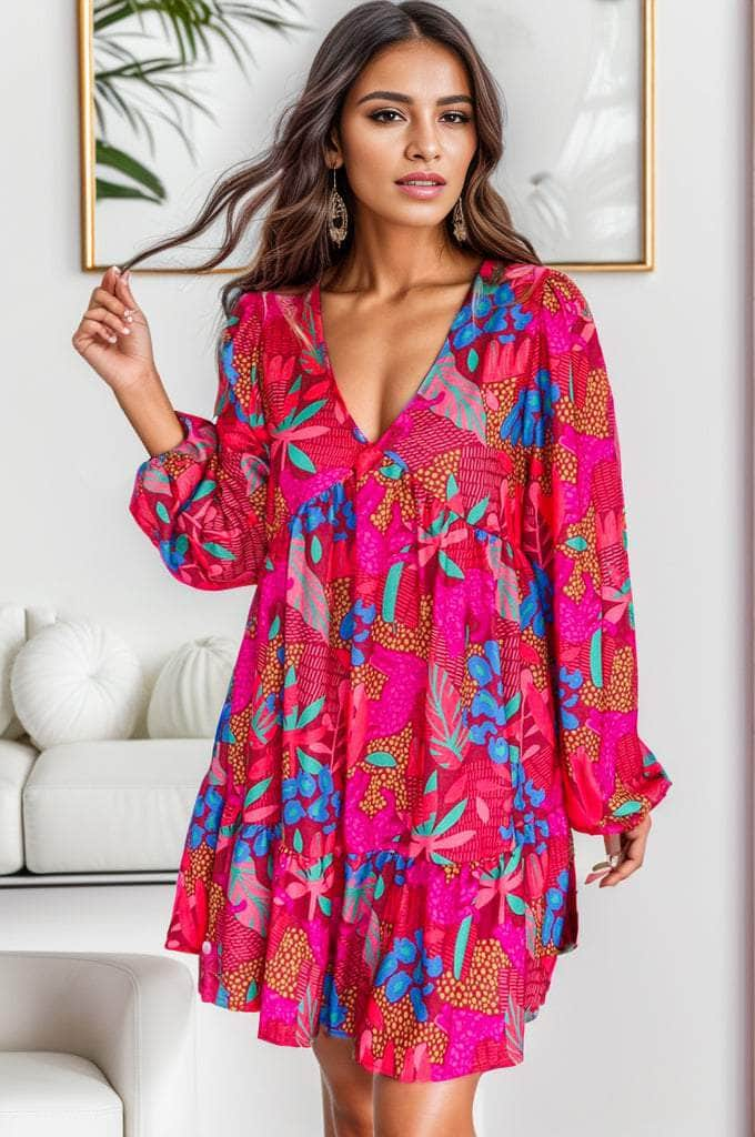 Printed Balloon Sleeve Mini Dress Deep Rose / S