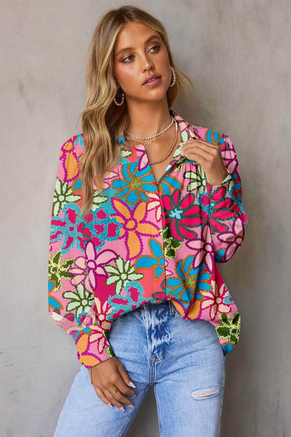 Printed Collared Neck Long Sleeve Shirt Carnation Pink / S