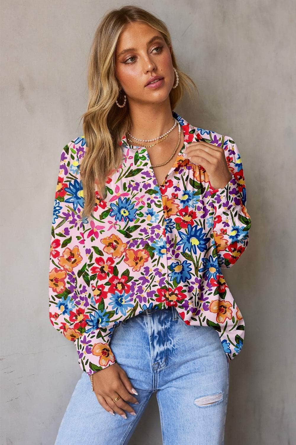 Printed Collared Neck Long Sleeve Shirt Floral / S